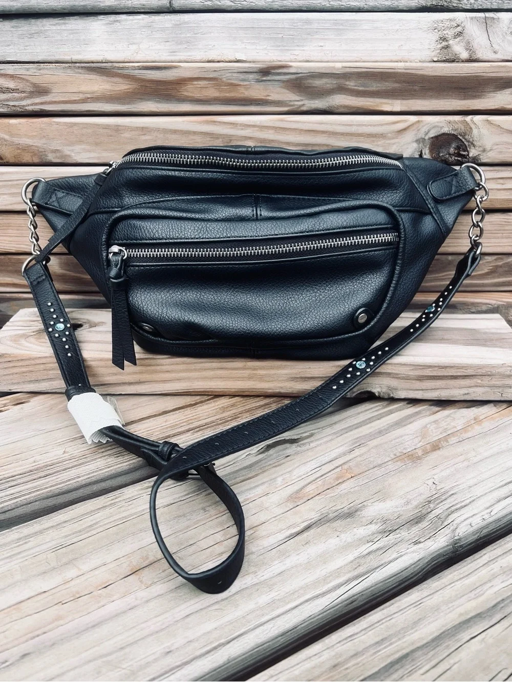 •Black Leather Riveted Crossbody Belt Bag! NEW!